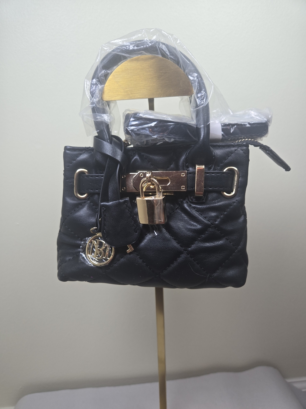 Badgley Mischka Mini Black Quilted Vegan Leather Bag with Gold Lock msrp $99